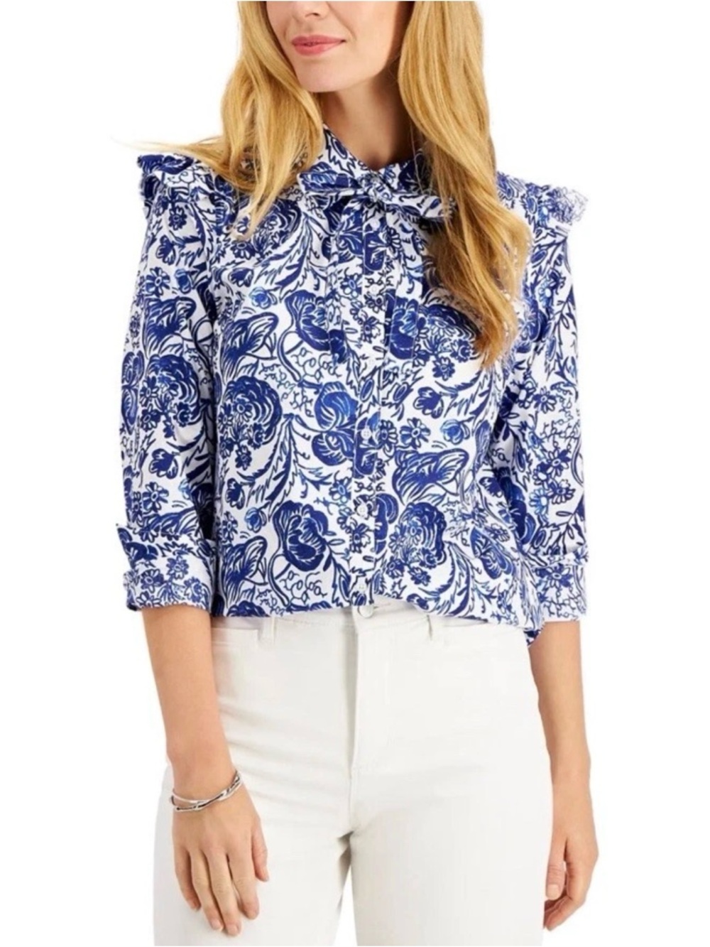 Charter Club Women's Printed Tie-Neck Ruffle-Shoulder Shirt Blue White Small